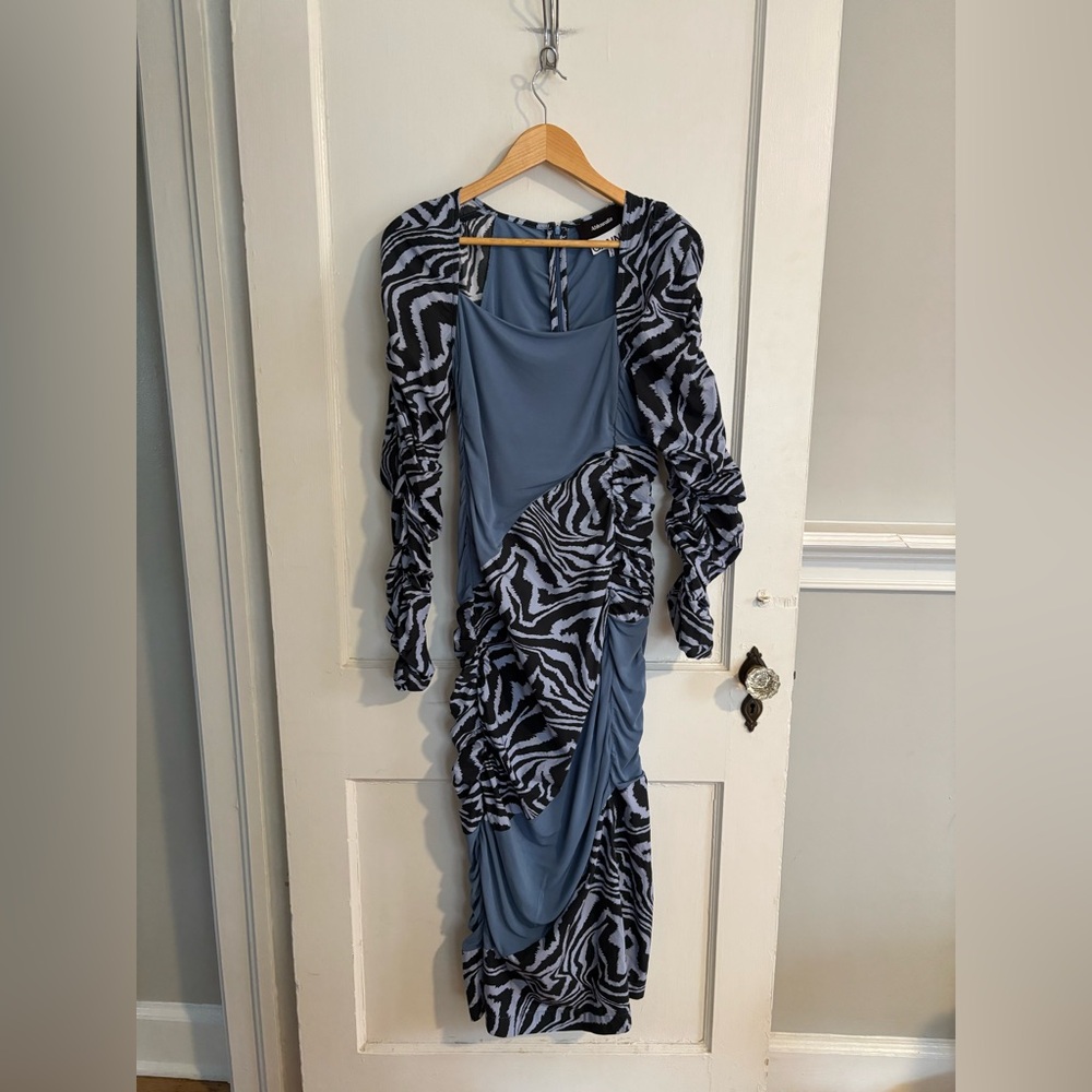 GANNI x AHLUWALIA Ruched Patchwork Cotton Poplin Mesh Midi Dress Size 38 (6) - Picture 5 of 12